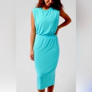 Athleta Santorini Cinch Midi Dress Small Blue Tencel Moda Sleeveless Stretch NWT